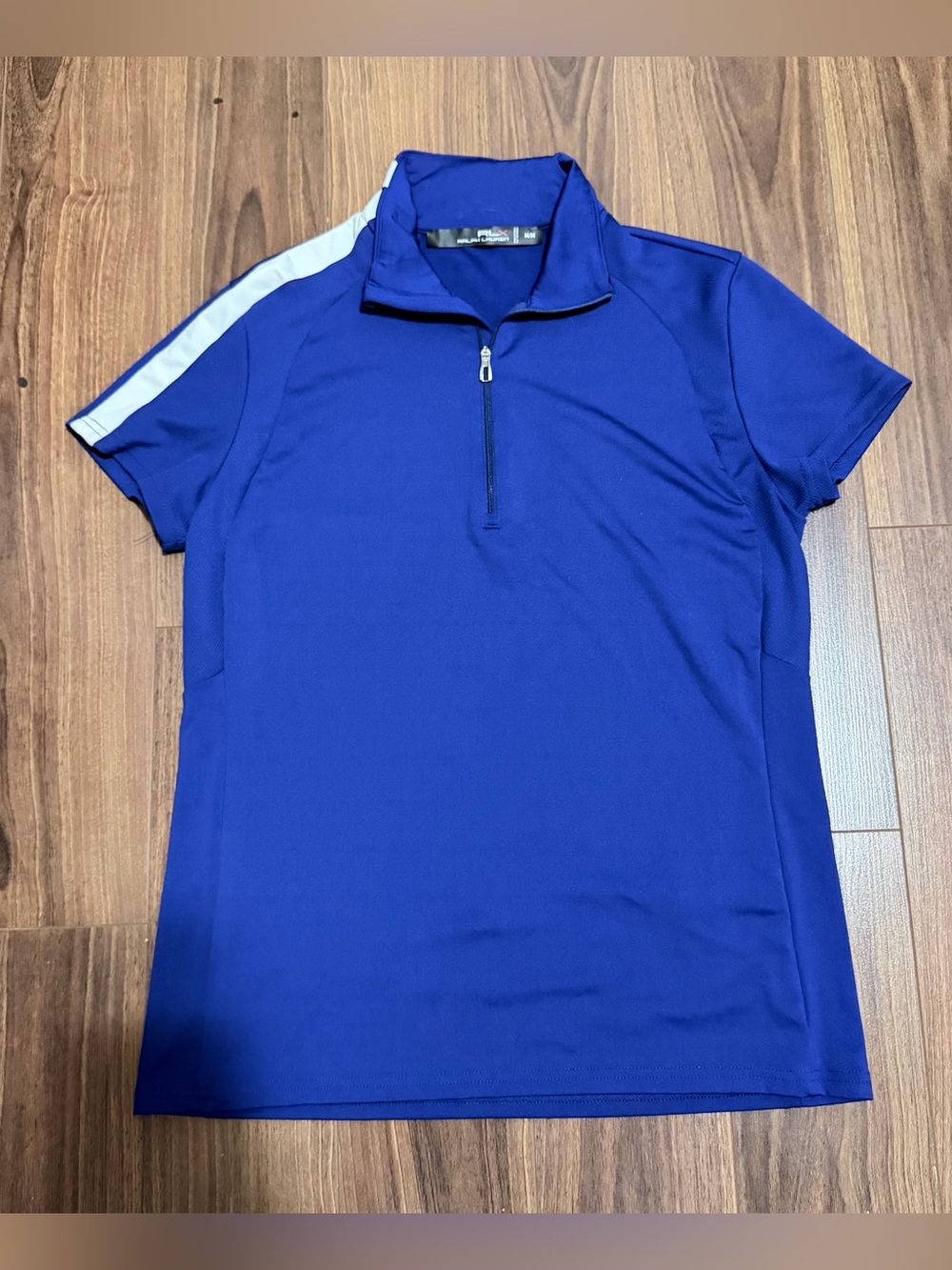 Ralph Lauren Short-Sleeve Zip Polo in Deep Blue with White Shoulder Stripe